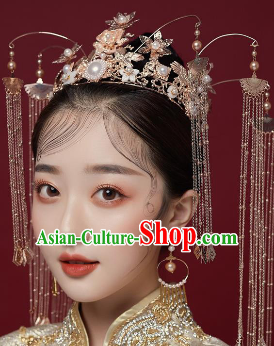 Chinese Ancient Bride Tassel Phoenix Coronet Hairpins Traditional Wedding Xiu He Hair Accessories Complete Set for Women