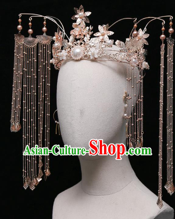 Chinese Ancient Bride Tassel Phoenix Coronet Hairpins Traditional Wedding Xiu He Hair Accessories Complete Set for Women