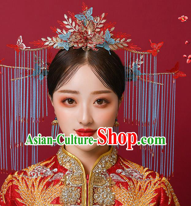 Chinese Ancient Bride Butterfly Phoenix Coronet Hairpins Traditional Wedding Xiu He Hair Accessories Complete Set for Women