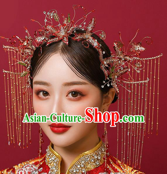 Chinese Ancient Bride Red Beads Phoenix Coronet Tassel Hairpins Traditional Wedding Xiu He Hair Accessories Complete Set for Women