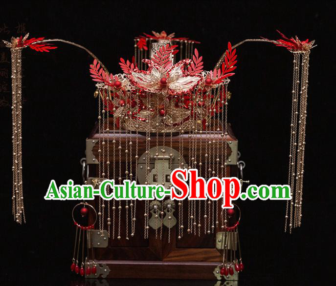 Chinese Ancient Bride Red Phoenix Coronet Hairpins Traditional Wedding Xiu He Hair Accessories Complete Set for Women