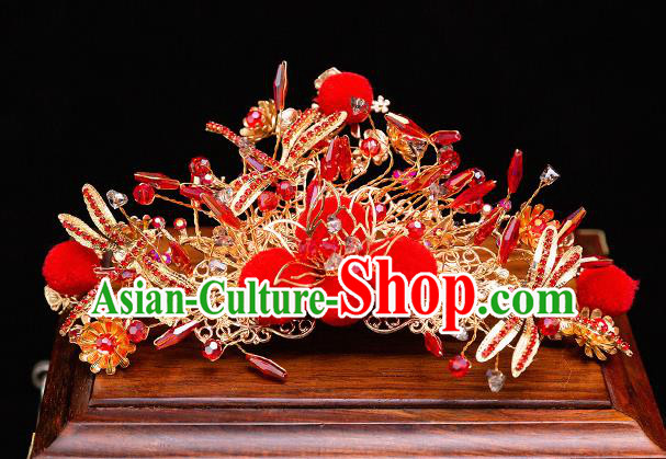 Chinese Ancient Bride Red Venonat Hair Crown Hairpins Traditional Wedding Xiu He Hair Accessories Complete Set for Women