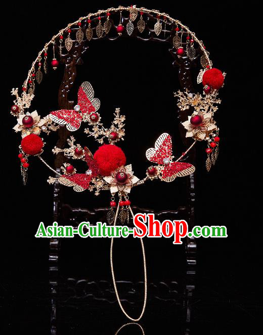 Chinese Ancient Bride Prop Red Butterfly Palace Fans Traditional Wedding Xiu He Accessories Round Fan for Women