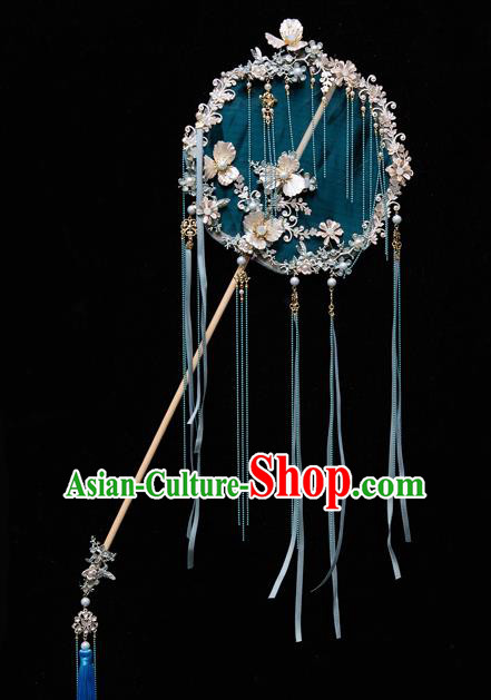 Chinese Ancient Bride Prop Blue Ribbon Silk Palace Fans Traditional Wedding Xiu He Accessories Round Fan for Women