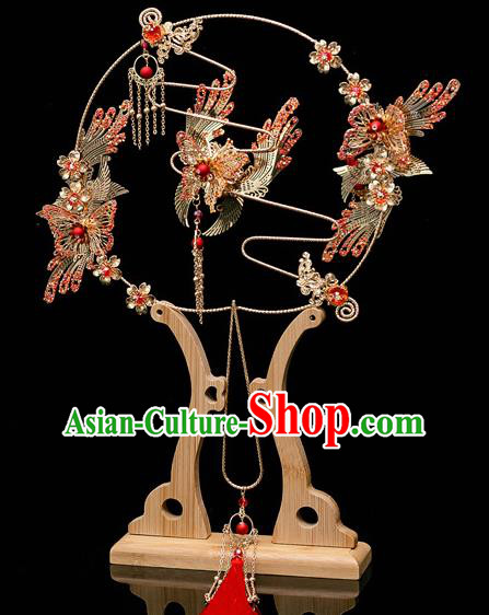 Chinese Ancient Bride Prop Phoenix Butterfly Palace Fans Traditional Wedding Xiu He Accessories Round Fan for Women
