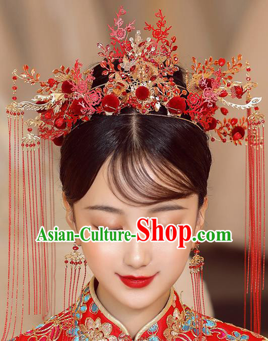 Chinese Ancient Bride Red Plum Phoenix Coronet Tassel Hairpins Traditional Wedding Xiu He Hair Accessories Complete Set for Women