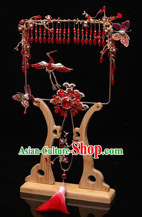 Chinese Ancient Bride Prop Red Crane Palace Fans Traditional Wedding Xiu He Accessories Round Fan for Women