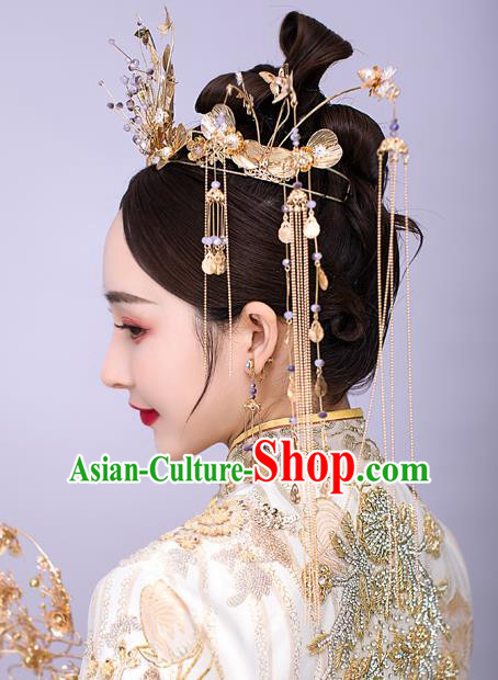 Chinese Ancient Bride Tassel Hairpins Golden Butterfly Phoenix Coronet Traditional Wedding Xiu He Hair Accessories Complete Set for Women