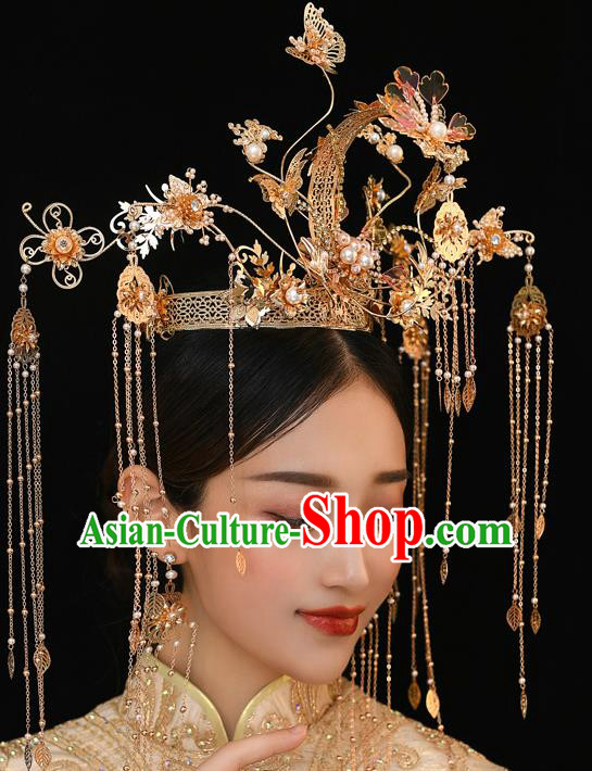 Chinese Ancient Bride Tassel Hairpins Golden Pearls Phoenix Coronet Traditional Wedding Xiu He Hair Accessories Complete Set for Women