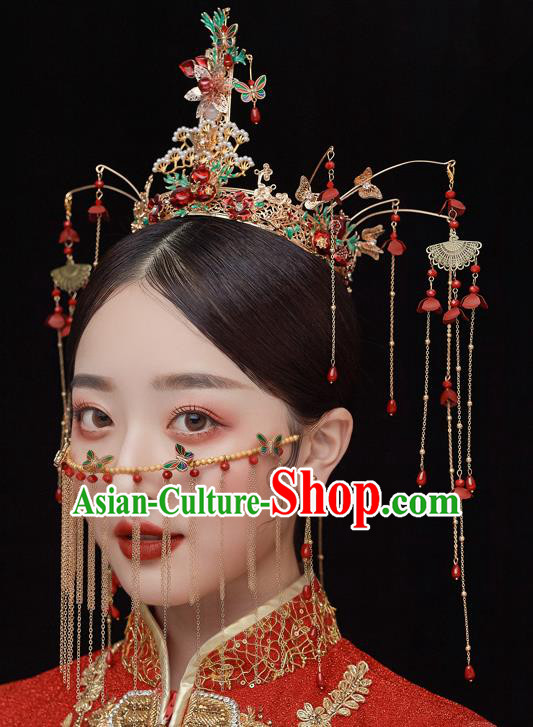 Chinese Ancient Bride Pine Phoenix Coronet Tassel Hairpins Traditional Wedding Xiu He Hair Accessories Complete Set for Women
