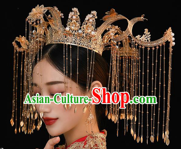 Chinese Ancient Bride Deluxe Phoenix Coronet Tassel Hairpins Traditional Wedding Xiu He Hair Accessories Complete Set for Women