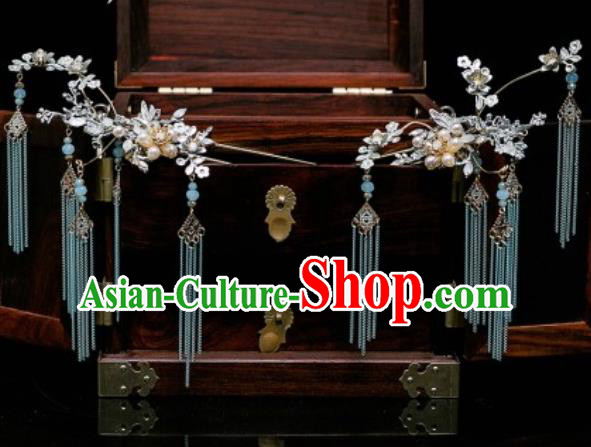 Chinese Ancient Bride Blue Tassel Hairpins Traditional Wedding Xiu He Hair Accessories Complete Set for Women