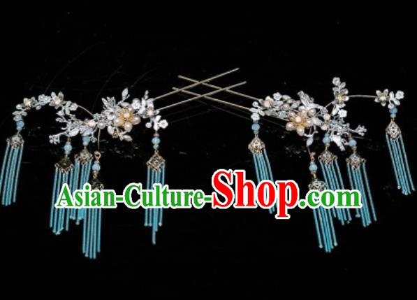 Chinese Ancient Bride Blue Tassel Hairpins Traditional Wedding Xiu He Hair Accessories Complete Set for Women