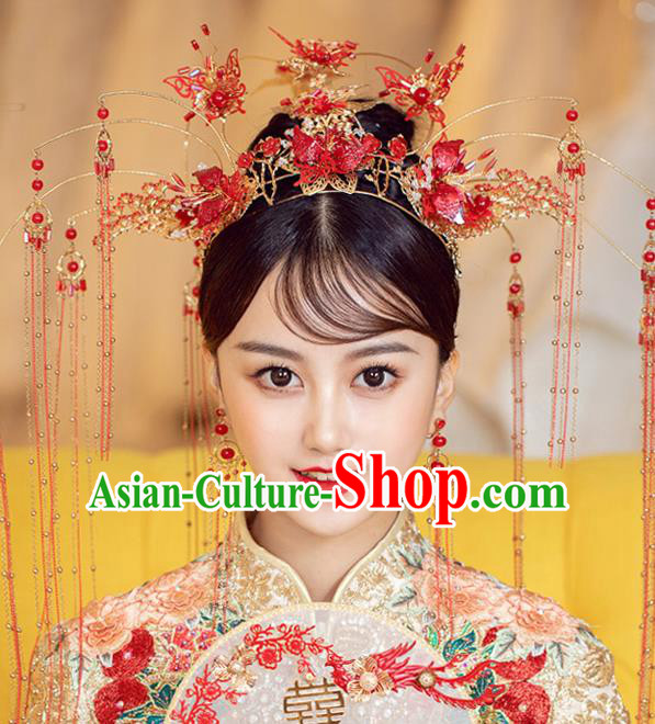 Chinese Ancient Bride Red Butterfly Phoenix Coronet Tassel Hairpins Traditional Wedding Xiu He Hair Accessories Complete Set for Women
