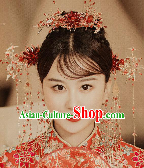 Chinese Ancient Bride Red Flower Hair Comb Tassel Hairpins Traditional Wedding Xiu He Hair Accessories Complete Set for Women