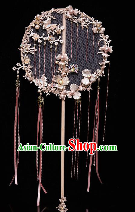 Chinese Ancient Bride Prop Pink Ribbon Silk Palace Fans Traditional Wedding Xiu He Accessories Round Fan for Women