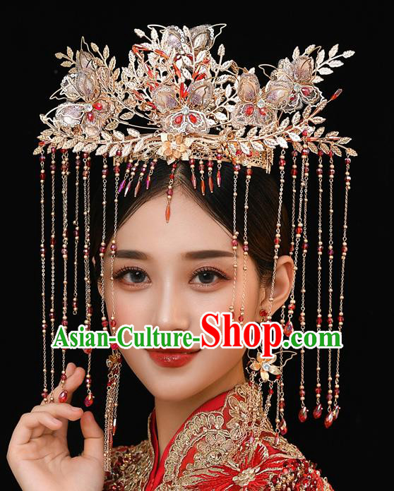 Chinese Ancient Bride Silk Butterfly Phoenix Coronet Tassel Hairpins Traditional Wedding Xiu He Hair Accessories Complete Set for Women