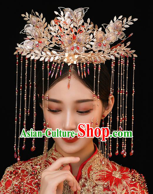 Chinese Ancient Bride Silk Butterfly Phoenix Coronet Tassel Hairpins Traditional Wedding Xiu He Hair Accessories Complete Set for Women