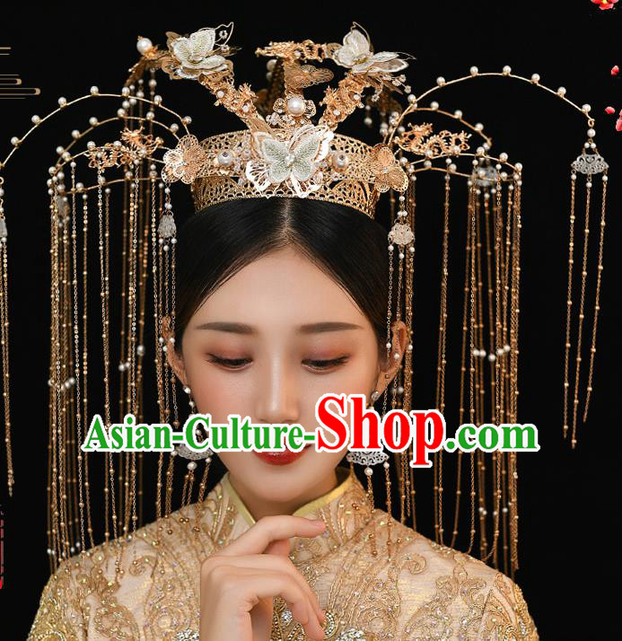 Chinese Ancient Bride Green Butterfly Phoenix Coronet Tassel Hairpins Traditional Wedding Xiu He Hair Accessories Complete Set for Women