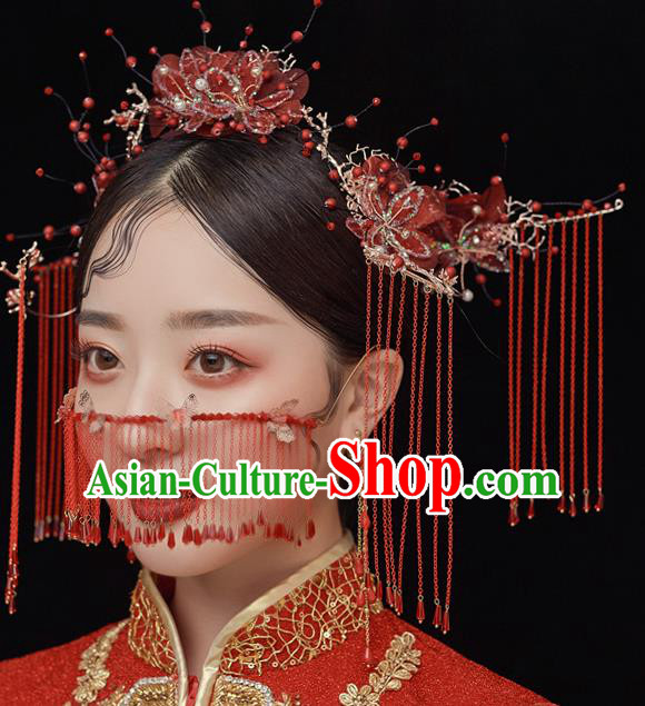 Chinese Ancient Bride Red Silk Hair Comb Tassel Hairpins Traditional Wedding Xiu He Hair Accessories Complete Set for Women