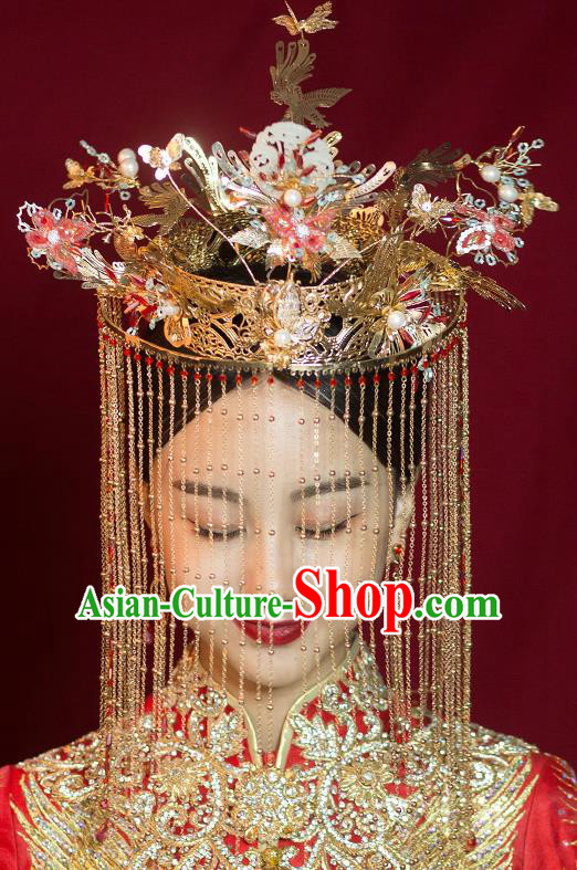 Chinese Ancient Bride Jade Phoenix Coronet Tassel Hairpins Traditional Wedding Xiu He Hair Accessories Complete Set for Women