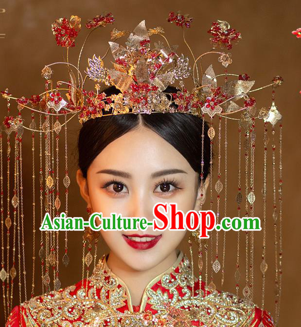 Chinese Ancient Bride Red Beads Phoenix Coronet Tassel Hairpins Traditional Wedding Xiu He Hair Accessories Complete Set for Women