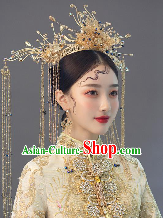 Chinese Ancient Bride Blue Crystal Phoenix Coronet Tassel Hairpins Traditional Wedding Xiu He Hair Accessories Complete Set for Women