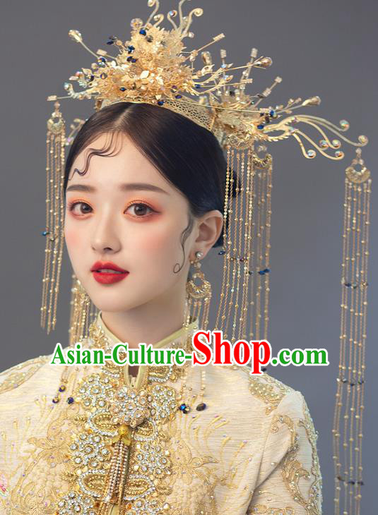 Chinese Ancient Bride Blue Crystal Phoenix Coronet Tassel Hairpins Traditional Wedding Xiu He Hair Accessories Complete Set for Women