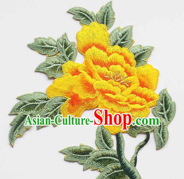Chinese Traditional Embroidery Yellow Rich Peony Applique Embroidered Patches Embroidering Cloth Accessories