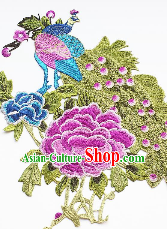 Chinese Traditional Embroidery Peacock Purple Peony Applique Embroidered Patches Embroidering Cloth Accessories