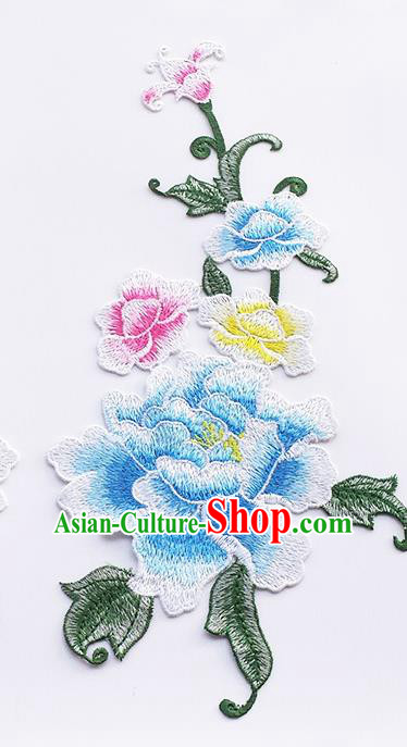 Traditional Chinese Embroidery Peony Blue Applique Embroidered Patches Embroidering Cloth Accessories