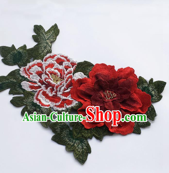 Traditional Chinese Embroidery Red Stereo Peony Applique Embroidered Patches Embroidering Cloth Accessories