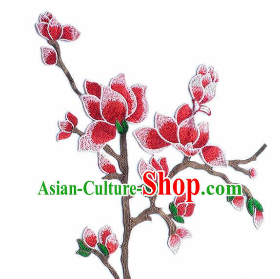 Traditional Chinese Embroidery Red Mangnolia Applique Embroidered Patches Embroidering Cloth Accessories