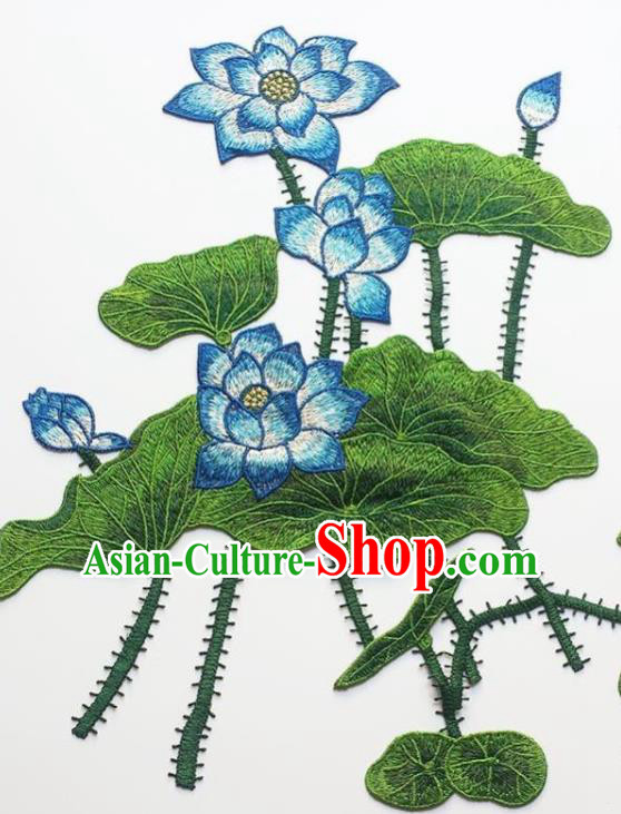 Traditional Chinese Embroidery Blue Lotus Applique Embroidered Patches Embroidering Cloth Accessories