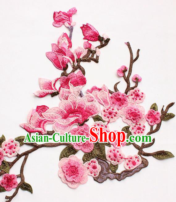 Traditional Chinese National Embroidery Pink Plum Mangnolia Applique Embroidered Patches Embroidering Cloth Accessories