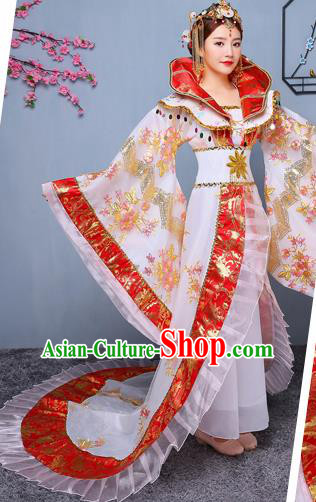 Chinese Ancient Tang Dynasty Imperial Consort White Trailing Dress Traditional Hanfu Goddess Classical Dance Costumes for Women