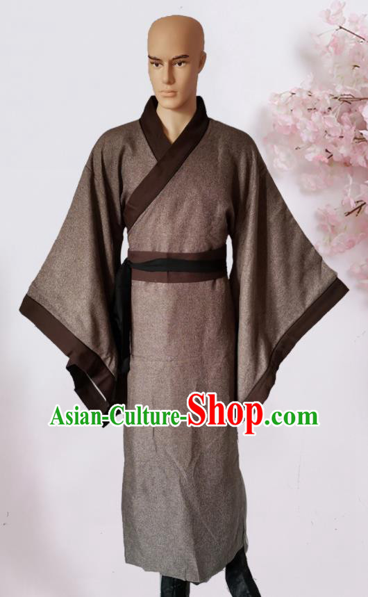 Chinese Ancient Han Dynasty Civilian Brown Hanfu Clothing Traditional Ancient Poor Scholar Costumes for Men