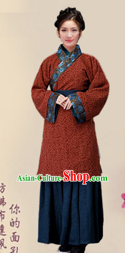 Chinese Ancient Song Dynasty Female Civilian Rust Red Dress Traditional Hanfu Farmerette Costumes for Women