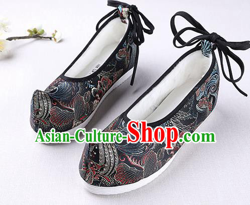 Chinese Handmade Opera Winter Black Satin Shoes Traditional Hanfu Shoes National Shoes for Women