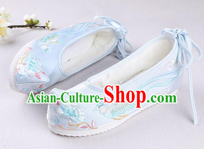 Chinese Handmade Opera Embroidered Phoenix Flower Blue Shoes Traditional Hanfu Shoes National Shoes for Women
