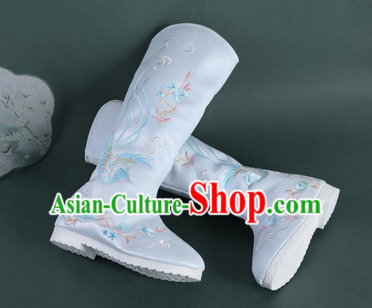 Chinese Handmade Winter Embroidered Blue High Boots Traditional Hanfu Shoes National Shoes for Women