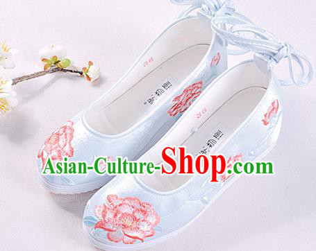 Chinese Handmade Opera Embroidered Peony Light Blue Shoes Traditional Hanfu Shoes National Shoes for Women