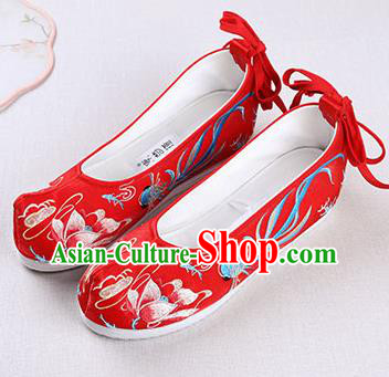 Chinese Handmade Opera Embroidered Lotus Goldfish Red Bow Shoes Traditional Hanfu Shoes National Shoes for Women