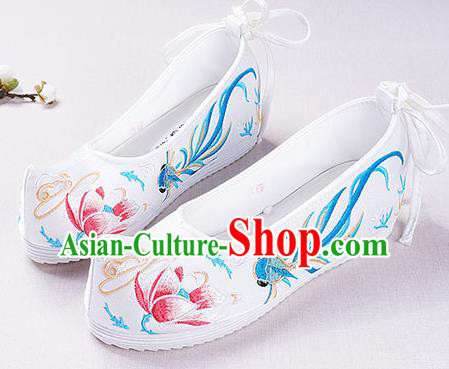 Chinese Handmade Opera Embroidered Lotus Goldfish White Bow Shoes Traditional Hanfu Shoes National Shoes for Women