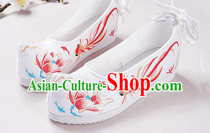 Chinese Handmade Opera Embroidered Lotus Red Goldfish Bow Shoes Traditional Hanfu Shoes National Shoes for Women