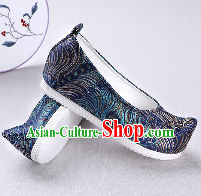 Chinese Handmade Opera Embroidered Royalblue Brocade Bow Shoes Traditional Hanfu Shoes National Shoes for Women