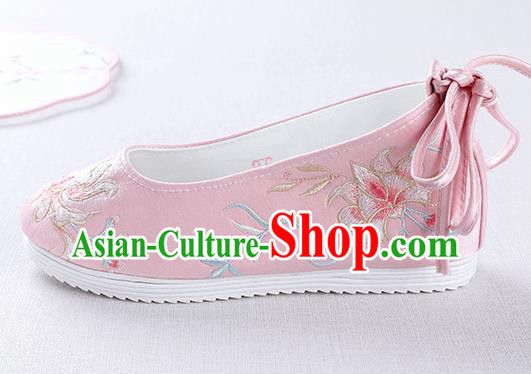 Chinese Handmade Embroidered Flower Pink Opera Shoes Traditional Hanfu Shoes National Shoes for Women