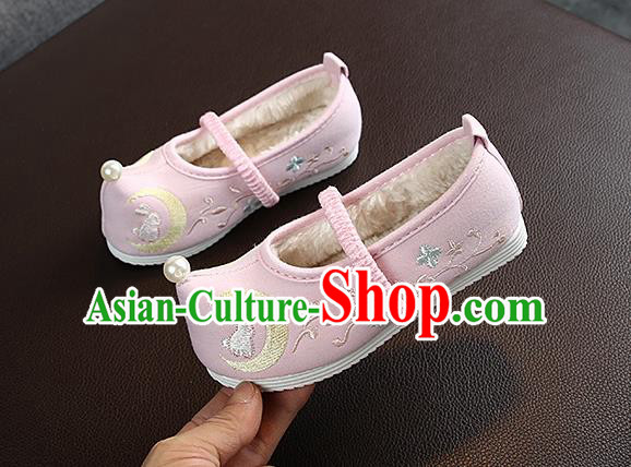 Chinese Handmade Embroidered Old Beijing Pink Shoes Traditional Hanfu Shoes National Shoes for Kids