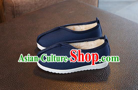 Chinese Handmade Navy Linen Shoes Traditional Monk Shoes National Shoes for Kids