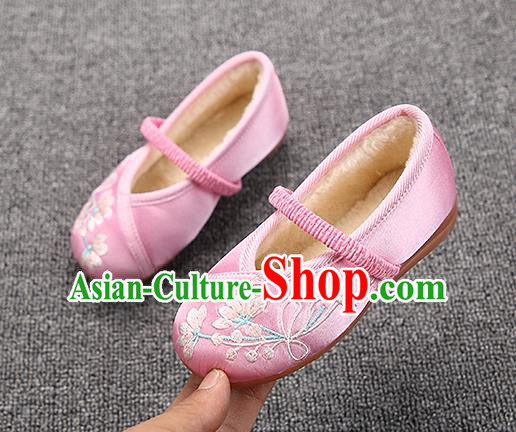 Chinese Handmade Pink Satin Shoes Traditional Hanfu Shoes National Shoes for Kids